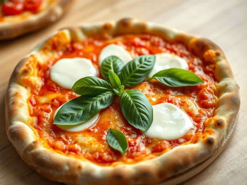 A close-up shot of a Margherita pizza being sliced, showcasing the fresh basil, mozzarella, and tomato sauce on a perfectly charred crust, highlighting the simplicity and quality of ingredients.